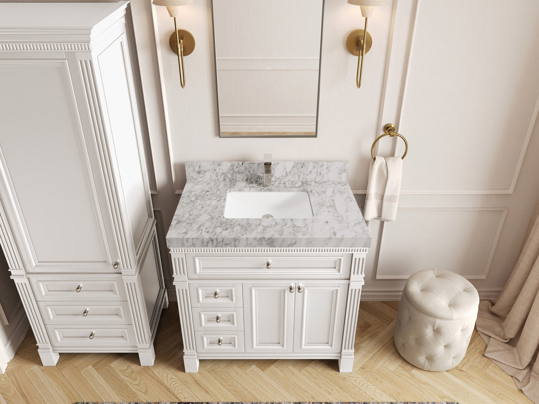 Paris 36 in. W x 22 in. D Center Sink Bathroom Vanity in White  with 2 in Carrara Marble Countertop – Top View
