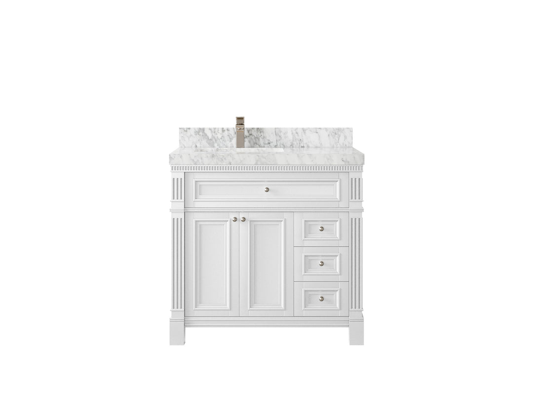 Paris 36 in. W x 22 in. D Left Offset Sink Bathroom Vanity in White with 2 in Carrara Marble Countertop