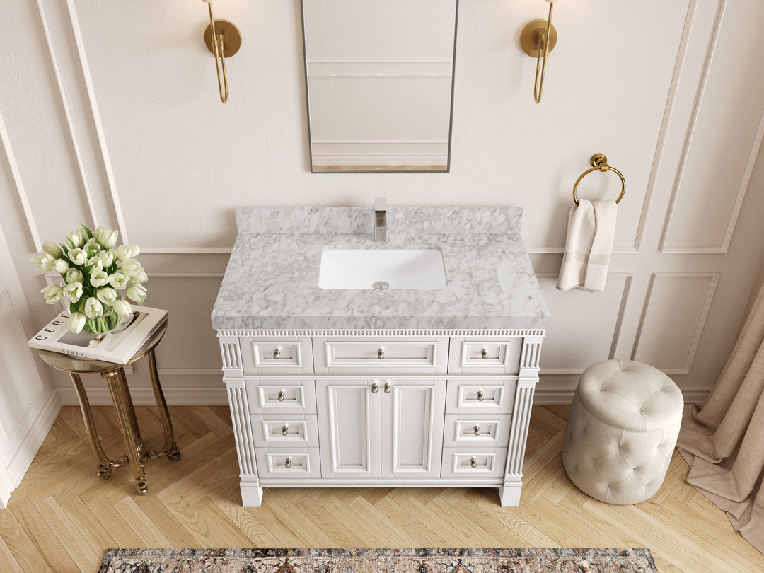 Paris 42 in. W x 22 in. D Single Sink Bathroom Vanity in White with 2 in Carrara Marble Countertop – Top View