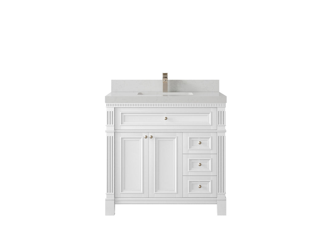 Paris 36 in. W x 22 in. D Center Sink Bathroom Vanity in White  with 2 in Carrara Quartz Countertop