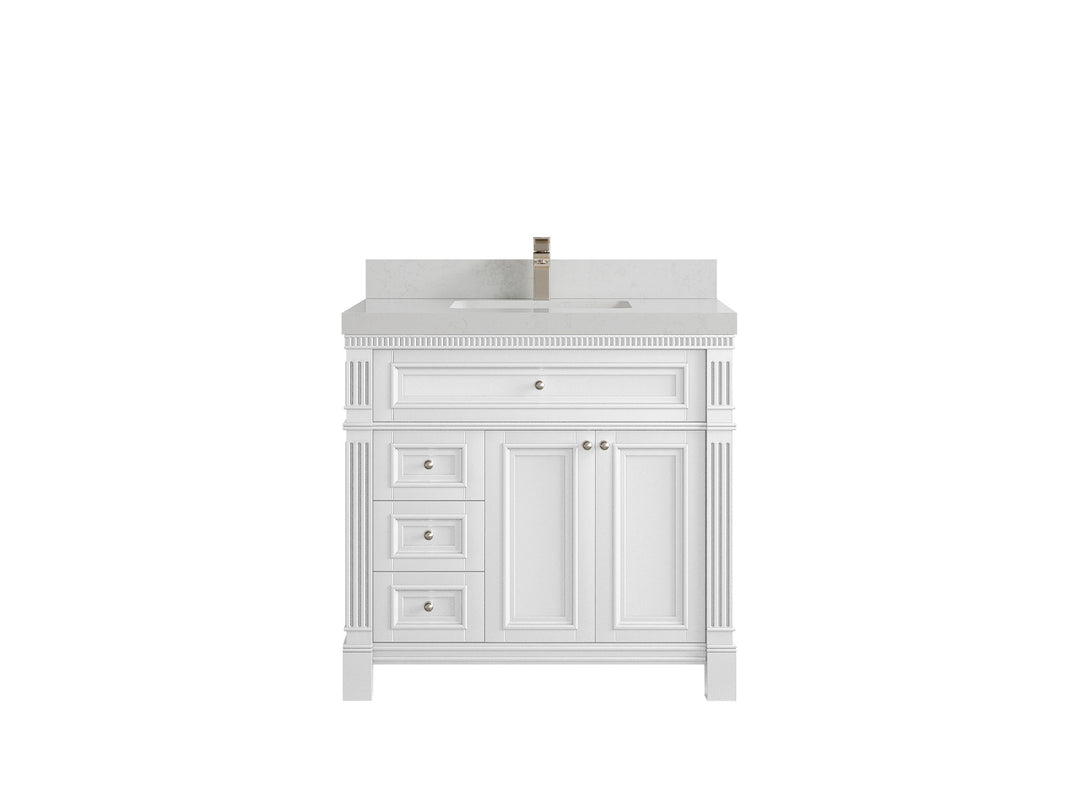 Paris 36 in. W x 22 in. D Center Sink Bathroom Vanity in White  with 2 in Carrara Quartz Countertop