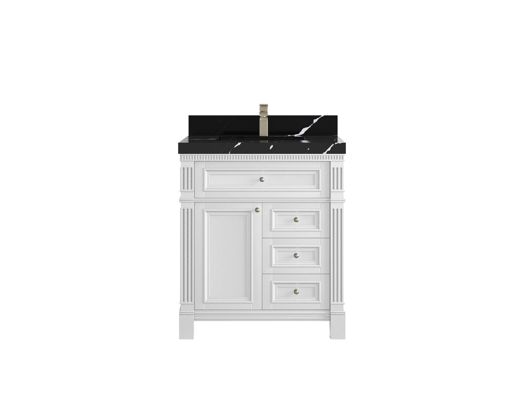 Paris 30 in. W x 22 in. D Single Sink Bathroom Vanity in White  with 2 in Calacatta Black Quartz Countertop