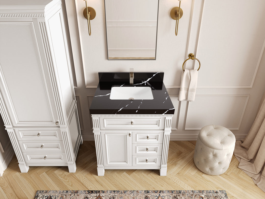 Paris 30 in. W x 22 in. D Single Sink Bathroom Vanity in White with 2 in Calacatta Black Quartz Countertop – Top View