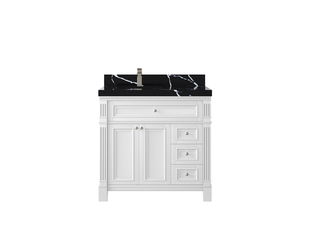 Paris 36 in. W x 22 in. D Left Offset Sink Bathroom Vanity in White with 2 in Calacatta Black Quartz Countertop