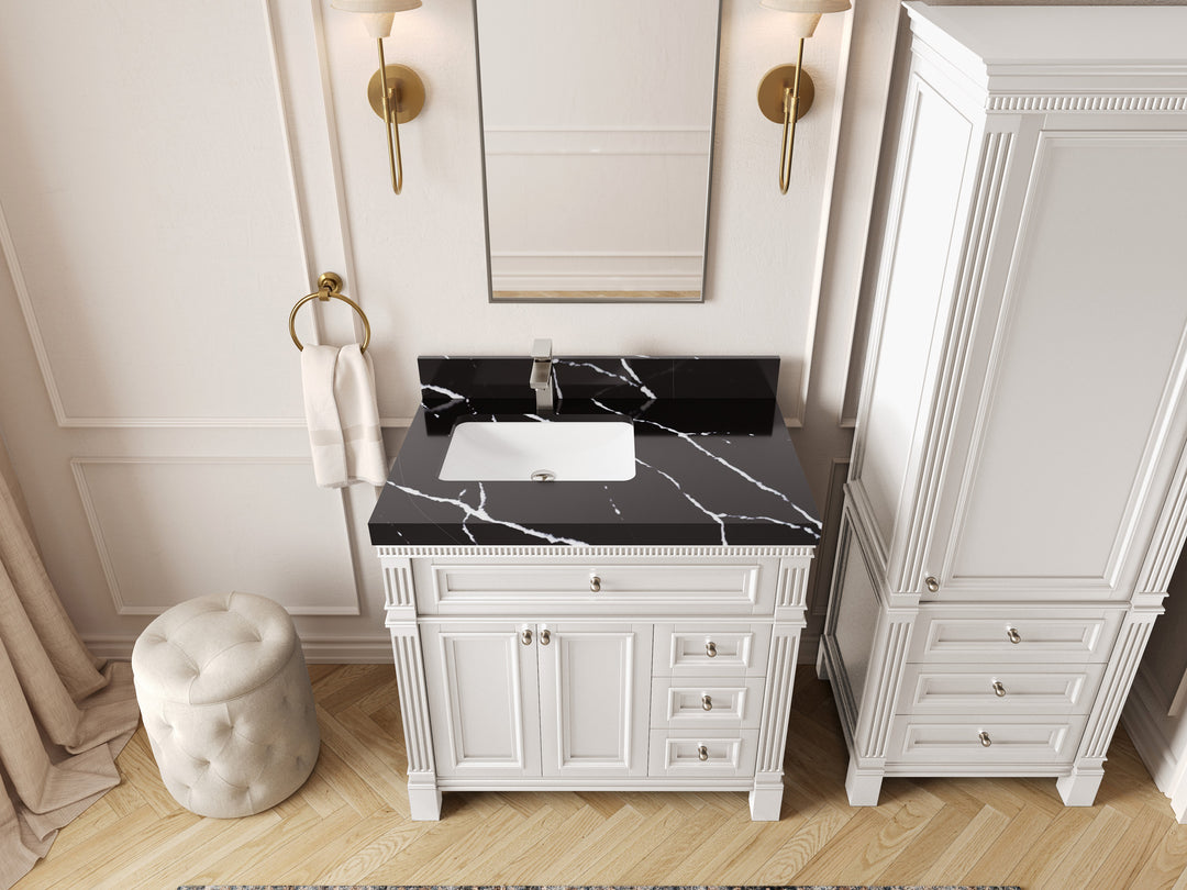 Paris 36 in. W x 22 in. D Left Offset Sink Bathroom Vanity in White with 2 in Calacatta Black Quartz Countertop – Top View