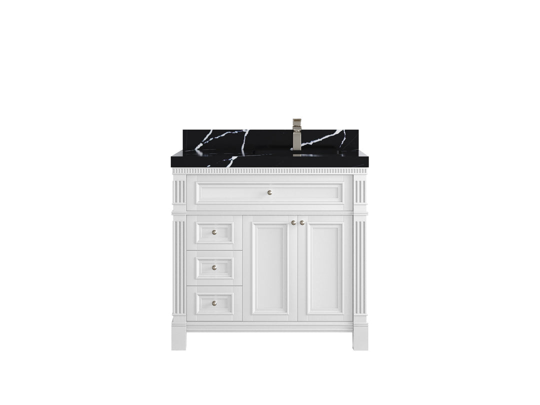 Paris 36 in. W x 22 in. D Right  Offset Sink Bathroom Vanity in White  with 2 in Calacatta Black Quartz Countertop