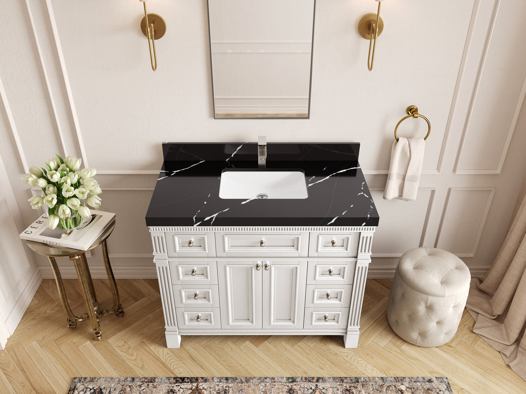 Paris 42 in. W x 22 in. D Single Sink Bathroom Vanity in  White with 2 in Calacatta Black Quartz Countertop – Top View