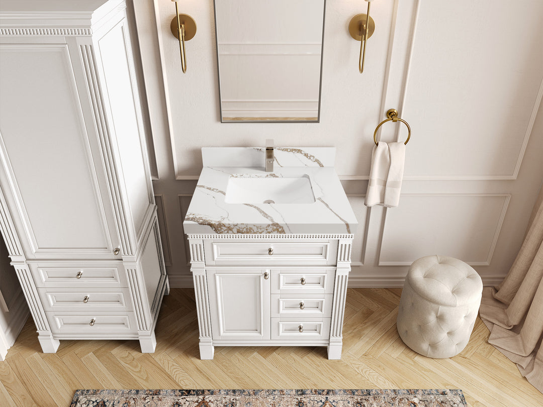 Paris 30 in. W x 22 in. D Single Sink Bathroom Vanity in White  with 2 in Calacatta Gold Quartz Countertop – Top View