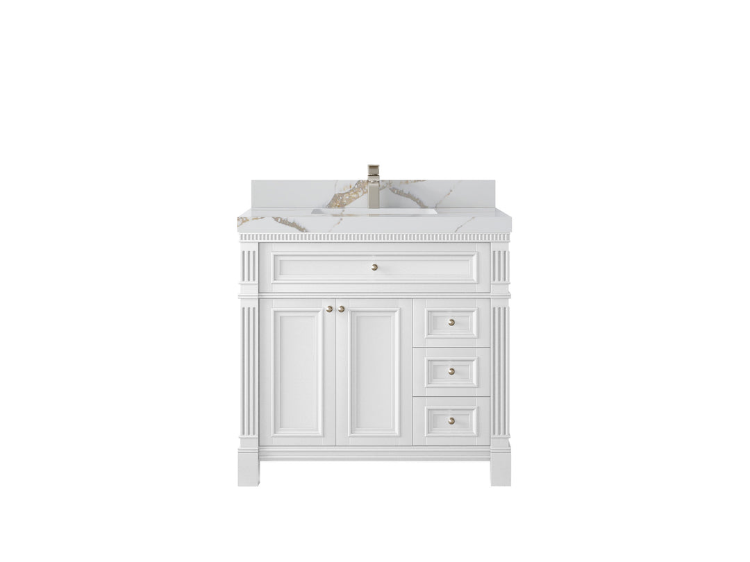 Paris 36 in. W x 22 in. D Center  Sink Bathroom Vanity in White  with 2 in Calacatta Gold Quartz Countertop