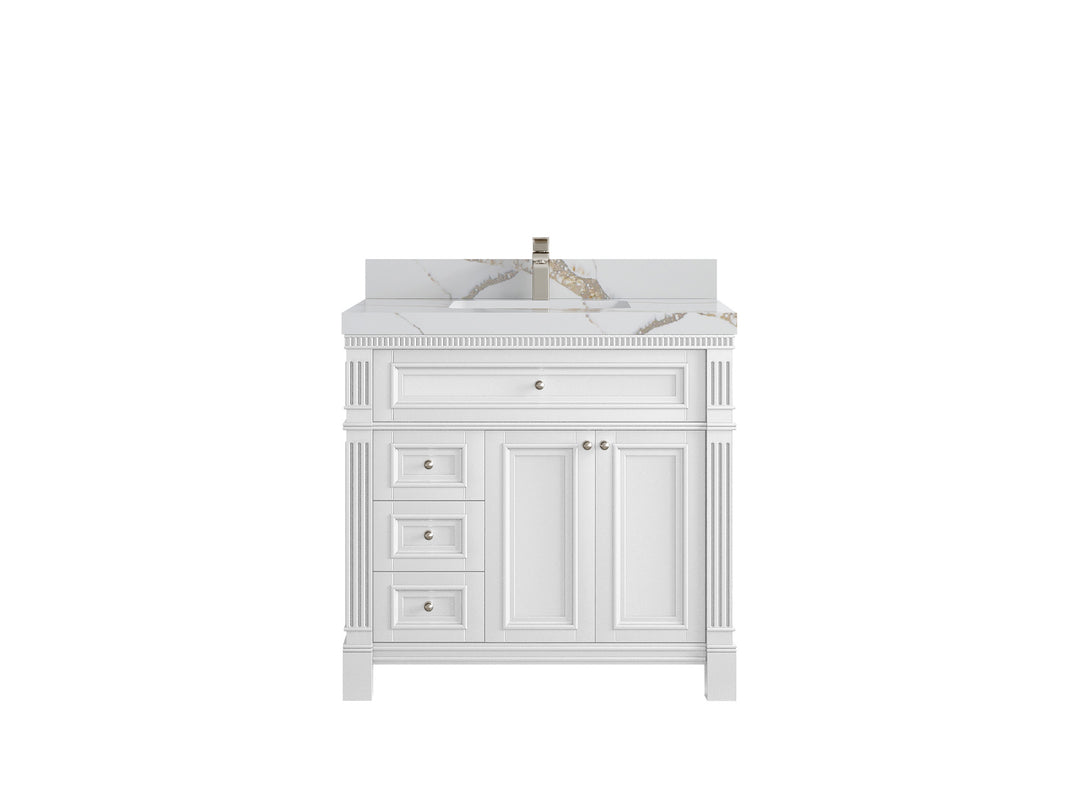 Paris 36 in. W x 22 in. D  Center  Sink Bathroom Vanity in White  with 2 in Calacatta Gold Quartz Countertop