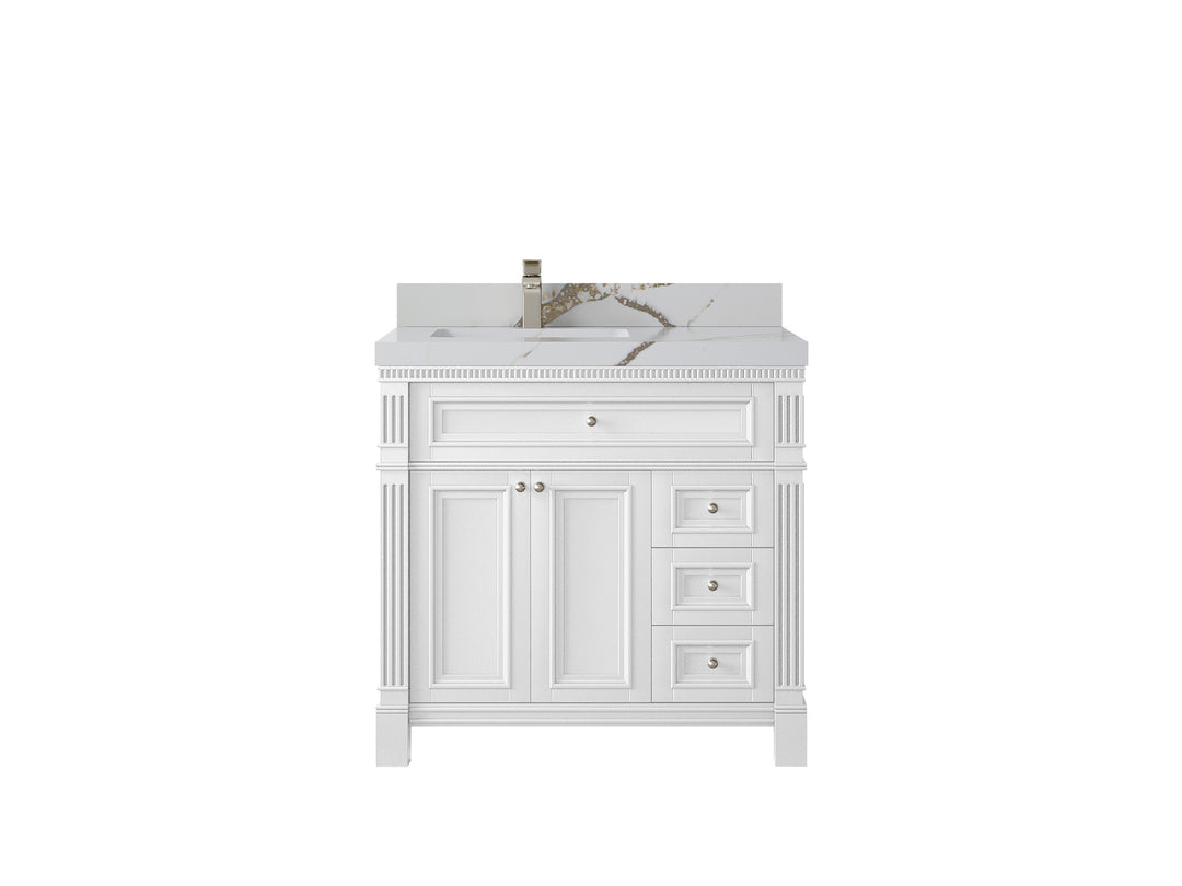 Paris 36 in. W x 22 in. D  Left Offset  Sink Bathroom Vanity in White with 2 in Calacatta Gold Quartz Countertop