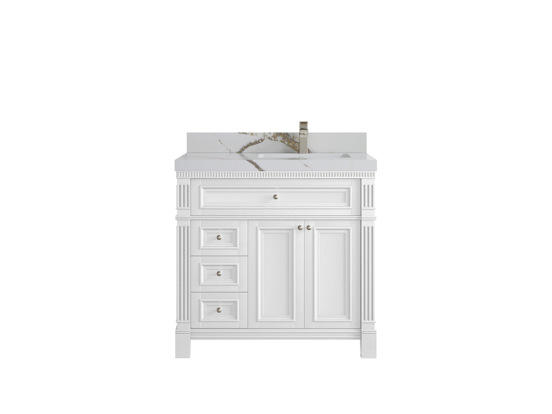 Paris 36 in. W x 22 in. D  Right  Offset  Sink Bathroom Vanity in White  with 2 in Calacatta Gold Quartz Countertop