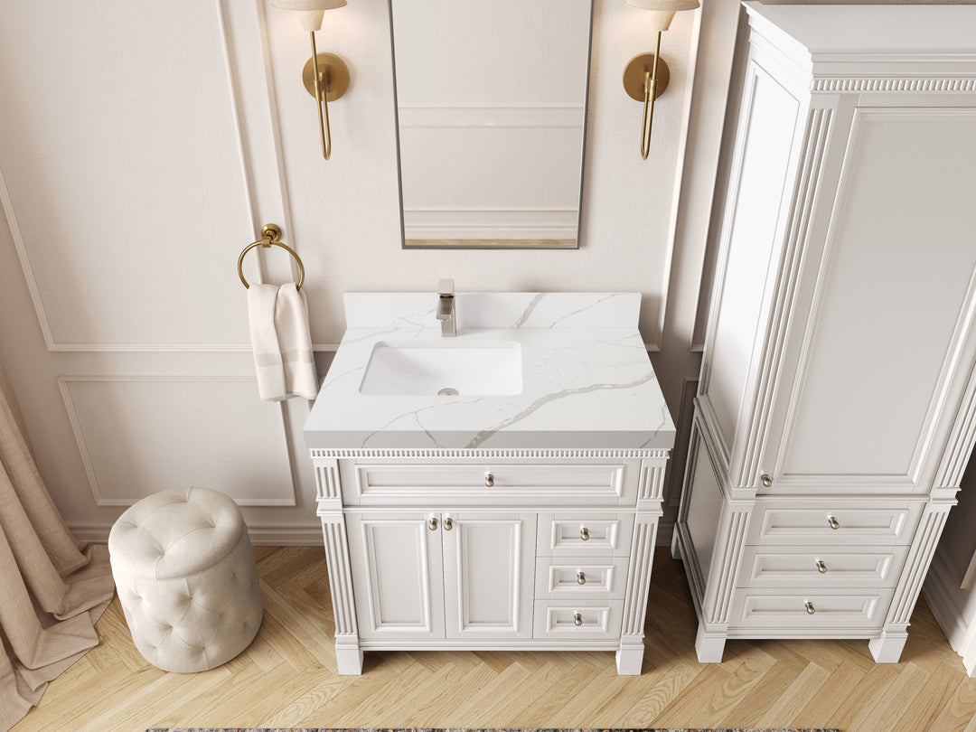 Paris 36 in. W x 22 in. D Left Offset Sink Bathroom Vanity in White with 2 in Calacatta Laza Quartz Countertop – Top View