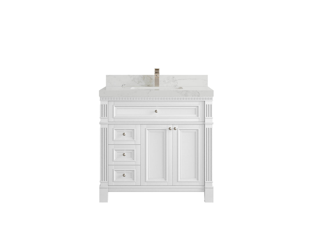 Paris 36 in. W x 22 in. D Center Sink Bathroom Vanity in White  with 2 in Calacatta Nuvo Quartz Countertop