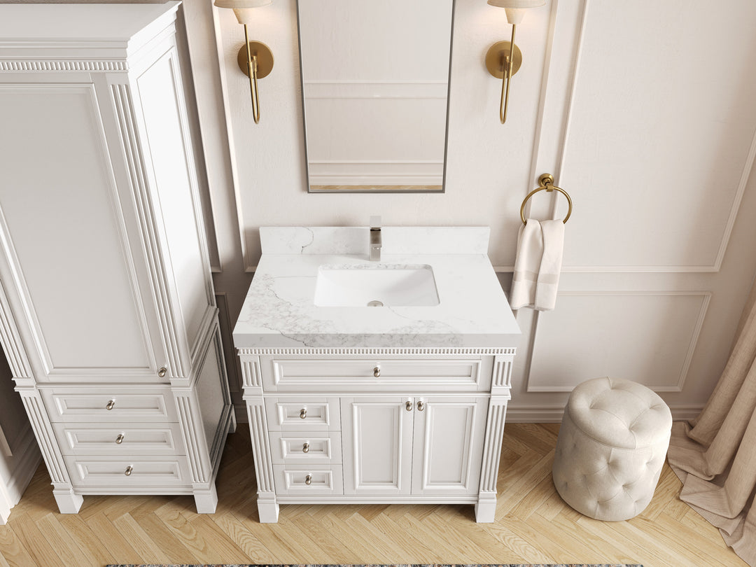 Paris 36 in. W x 22 in. D Center Sink Bathroom Vanity in White  with 2 in Calacatta Nuvo Quartz Countertop – Top View