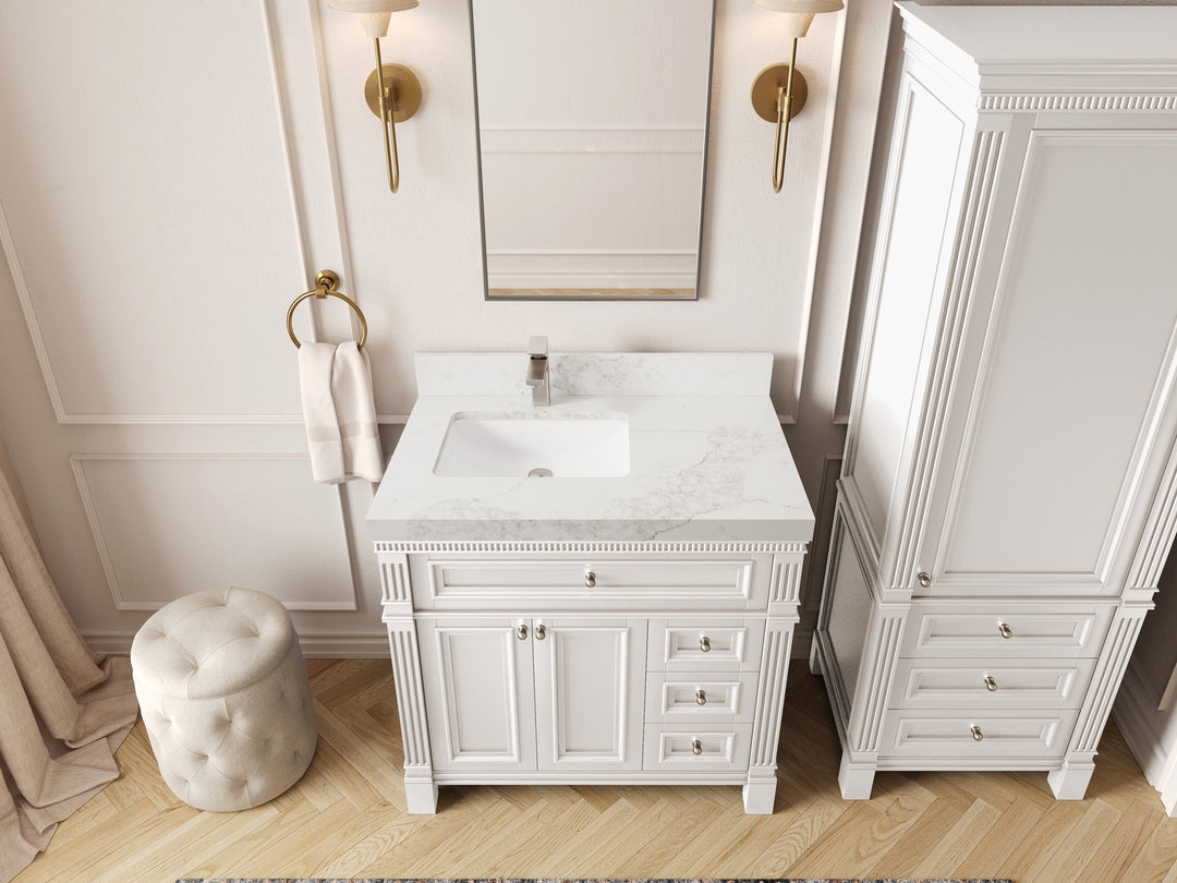 Paris 36 in. W x 22 in. D Left Offset Sink Bathroom Vanity in White with 2 in Calacatta Nuvo Quartz Countertop – Top View