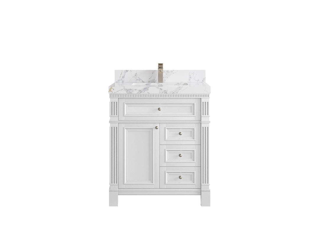 Paris 30 in. W x 22 in. D Single Sink Bathroom Vanity in White  with 2 in Poanazzo Quartz Countertop