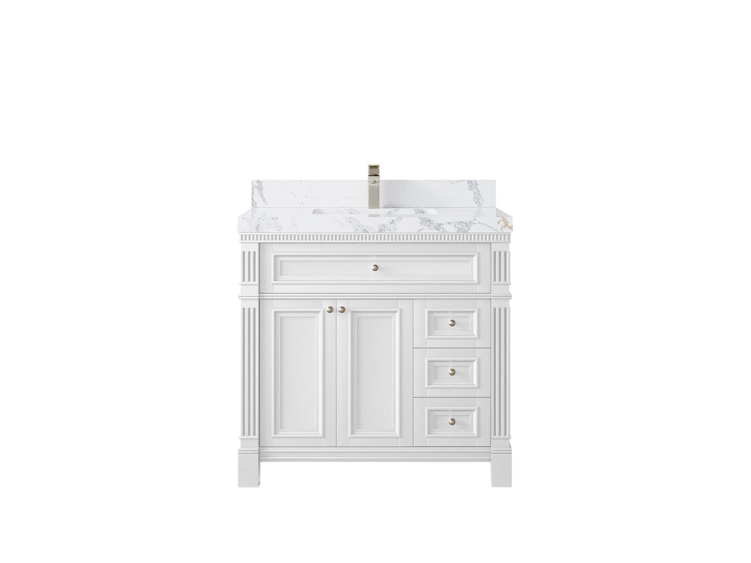 Paris 36 in. W x 22 in. D Center Sink Bathroom Vanity in White  with 2 in Poanazzo Quartz Countertop