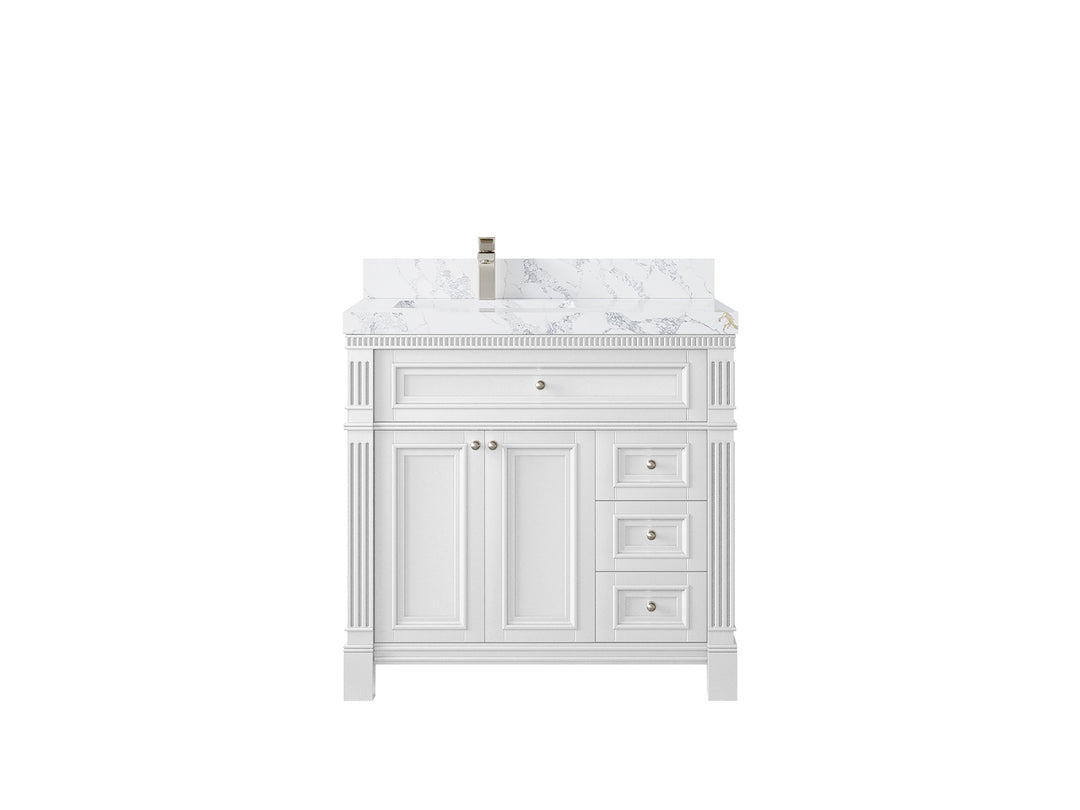 Paris 36 in. W x 22 in. D Left Offset Sink Bathroom Vanity in White with 2 in Poanazzo Quartz Countertop