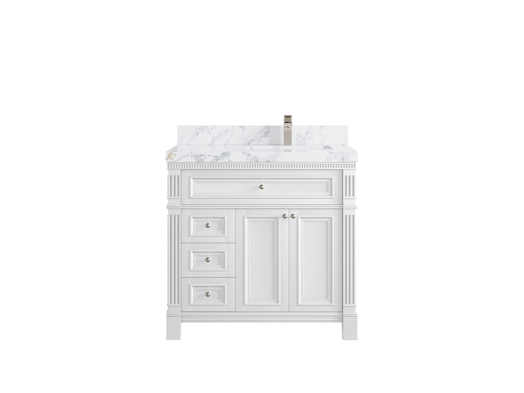 Paris 36 in. W x 22 in. D Right  Offset Sink Bathroom Vanity in White  with 2 in Poanazzo Quartz Countertop