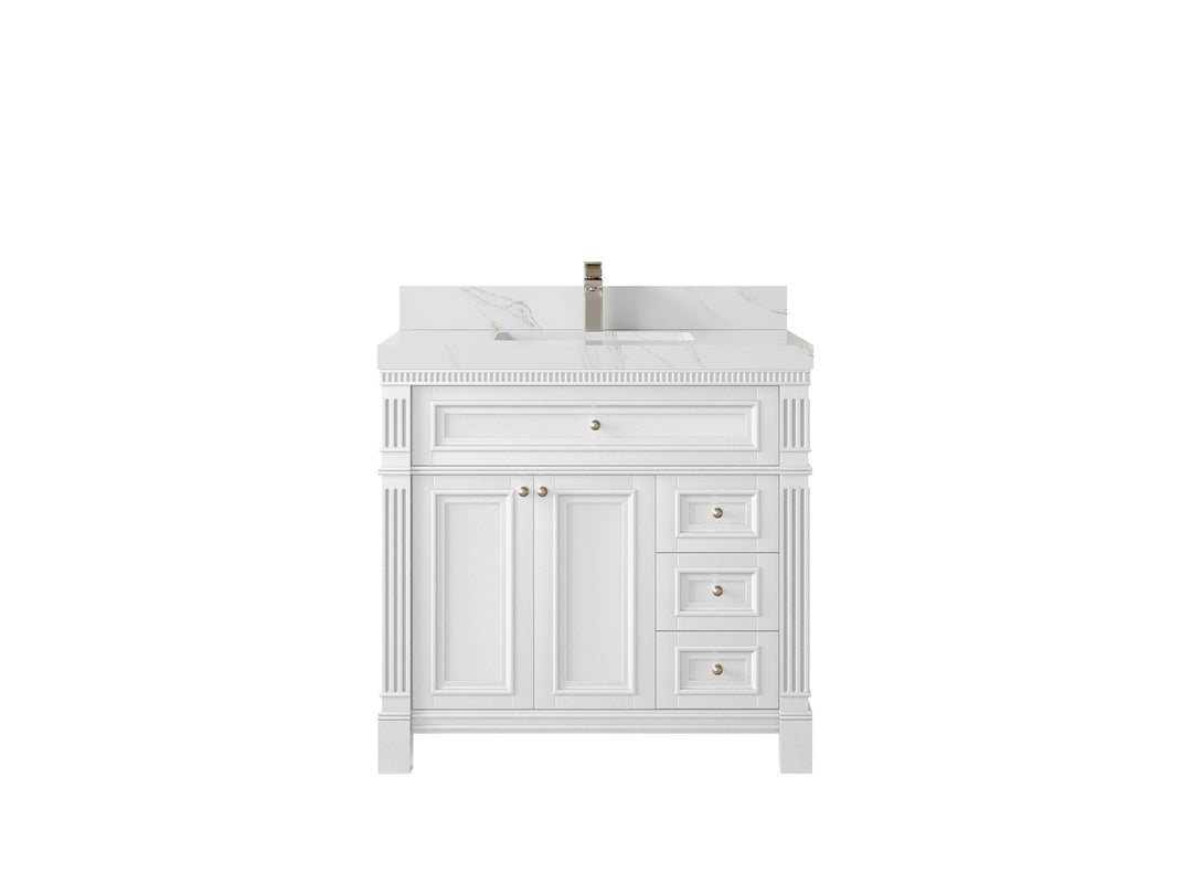 Paris 36 in. W x 22 in. D  Center  Sink Bathroom Vanity in White  with 2 in Calacatta Sienna Quartz Countertop