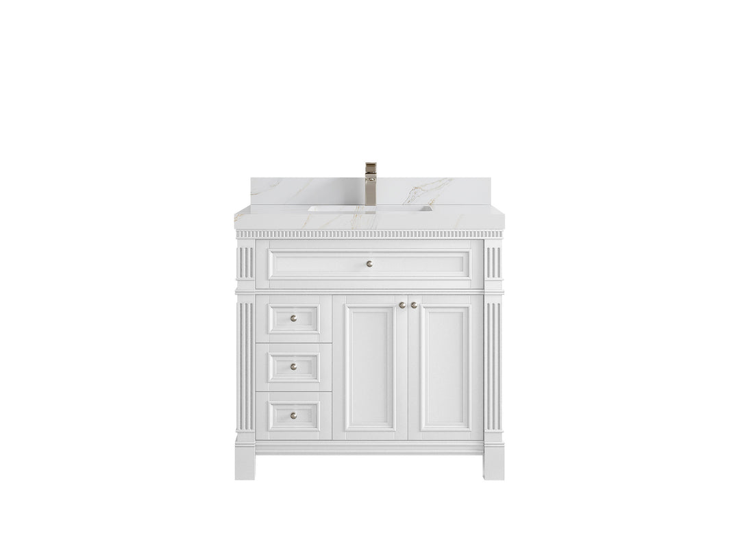 Paris 36 in. W x 22 in. D  Center  Sink Bathroom Vanity in White  with 2 in Calacatta Sienna Quartz Countertop
