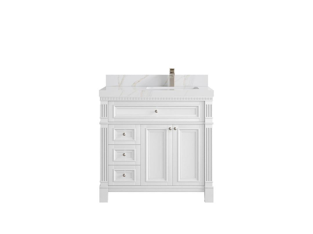 Paris 36 in. W x 22 in. D  Right  Offset  Sink Bathroom Vanity in White  with 2 in Calacatta Sienna Quartz Countertop