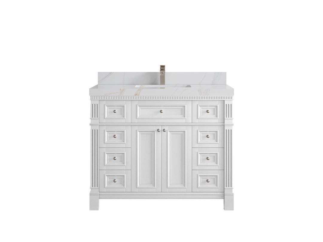 Paris 42 in. W x 22 in. D  Single  Sink Bathroom Vanity in White with 2 in Calacatta Sienna Quartz Countertop