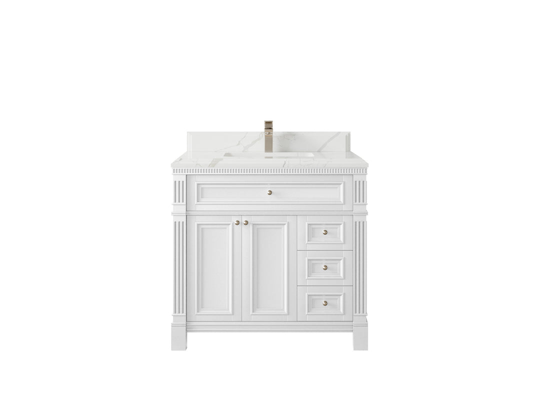 Paris 36 in. W x 22 in. D Center Sink Bathroom Vanity in White  with 1.5 in Calacatta Laza Quartz Countertop