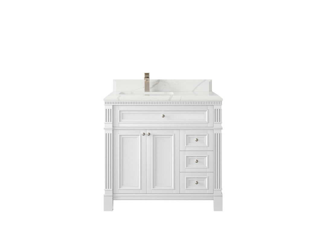 Paris 36 in. W x 22 in. D Left Offset Sink Bathroom Vanity in White with 1.5 in Empira White Quartz Countertop