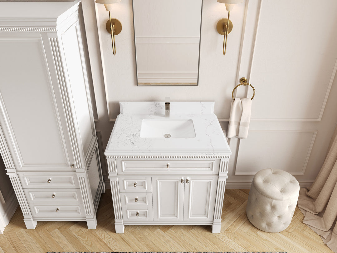 Paris 36 in. W x 22 in. D Center Sink Bathroom Vanity in White  with 1.5 in Empira White Quartz Countertop – Top View