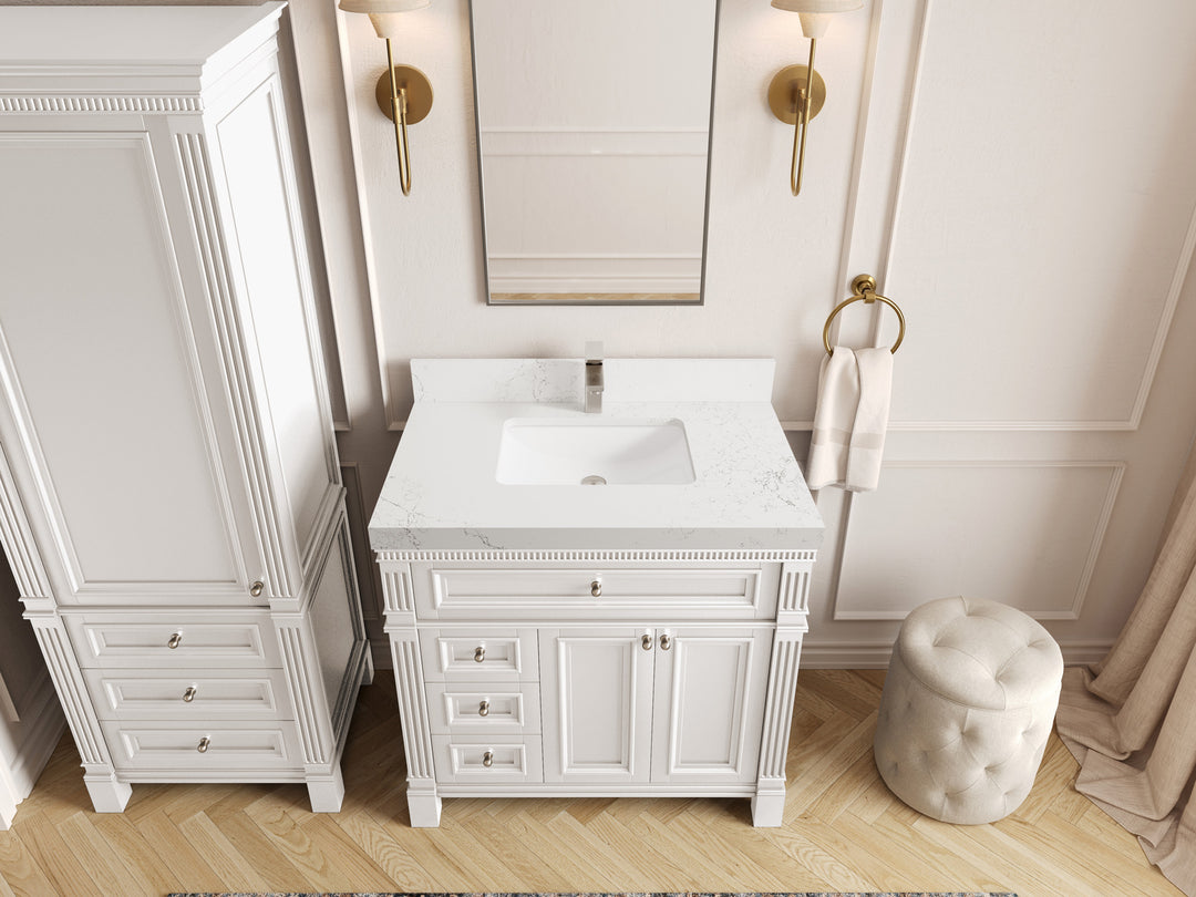 Paris 36 in. W x 22 in. D Center Sink Bathroom Vanity in White  with 2 in Empira White Quartz Countertop – Top View