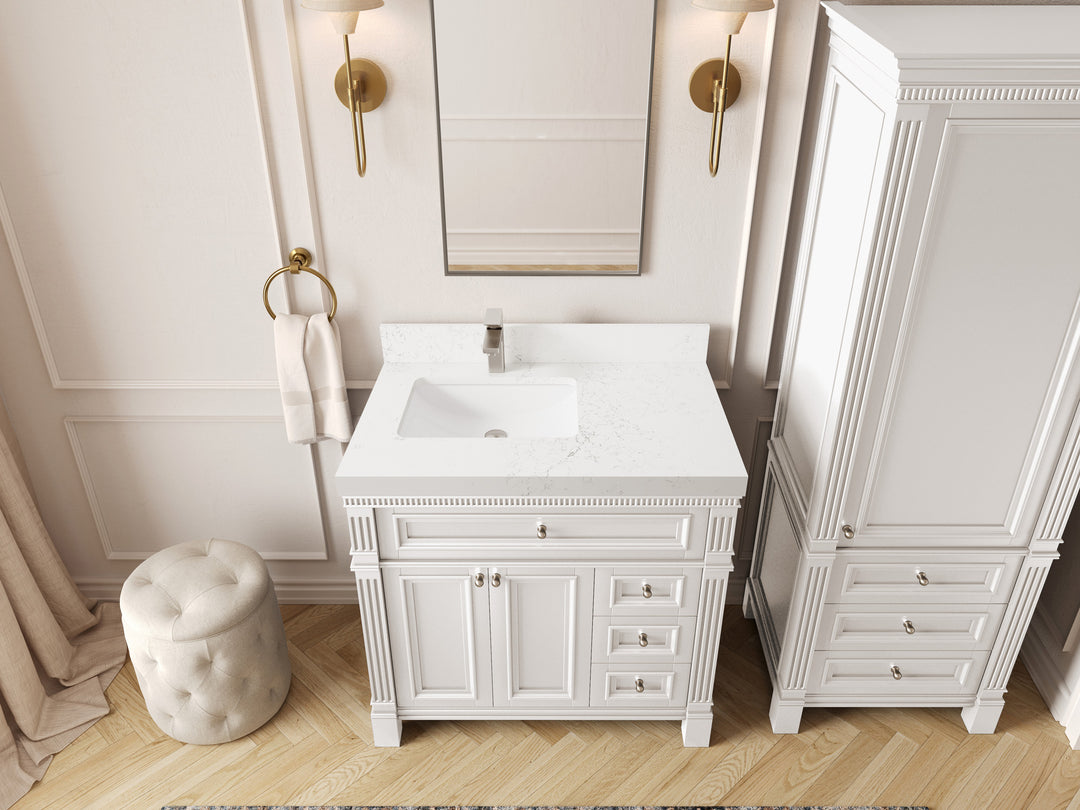 Paris 36 in. W x 22 in. D Left Offset Sink Bathroom Vanity in White with 2 in Empira White Quartz Countertop – Top View