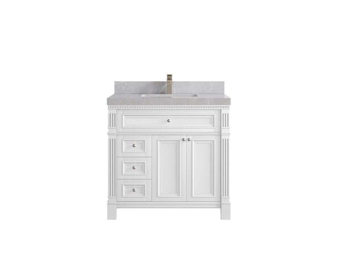 Paris 36 in. W x 22 in. D Center Sink Bathroom Vanity in White  with 2 in Pearl Light Gray Quartz Countertop