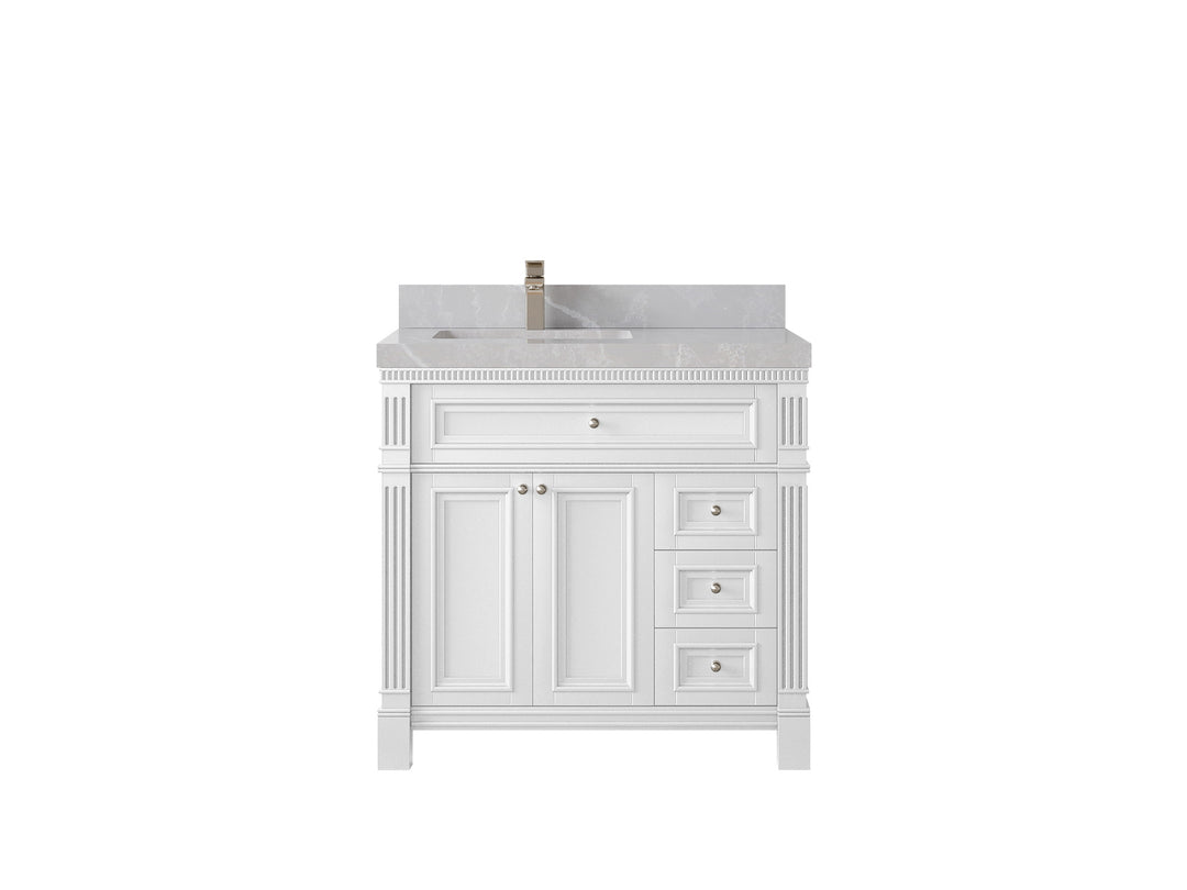 Paris 36 in. W x 22 in. D Left Offset Sink Bathroom Vanity in White with 2 in Pearl Light Gray Quartz Countertop