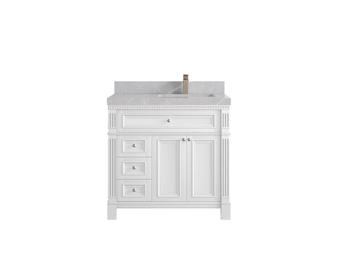 Paris 36 in. W x 22 in. D Right  Offset Sink Bathroom Vanity in White  with 2 in Pearl Light Gray Quartz Countertop