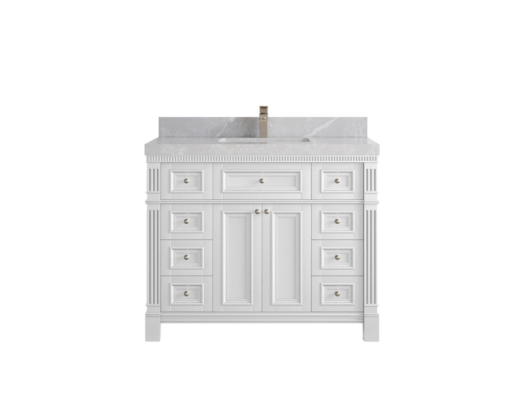 Paris 42 in. W x 22 in. D Single Sink Bathroom Vanity in White with 2 in Pearl Light Gray Quartz Countertop