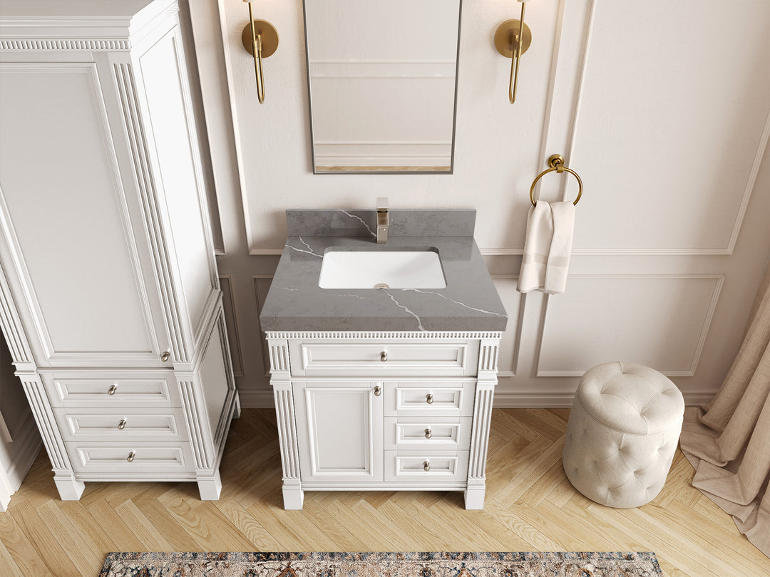Paris 30 in. W x 22 in. D Single Sink Bathroom Vanity in White  with 2 in Piatra Gray Quartz Countertop – Top View