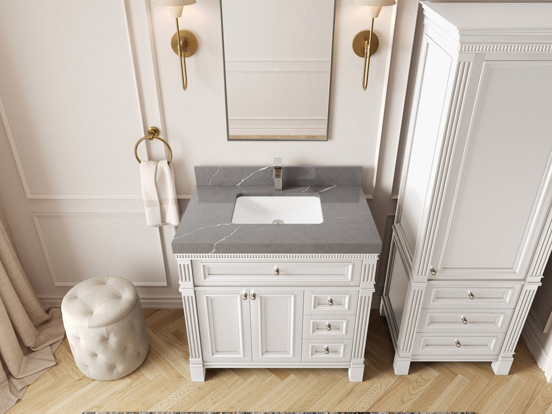 Paris 36 in. W x 22 in. D Center Sink Bathroom Vanity in White  with 2 in Piatra Gray Quartz Countertop – Top View