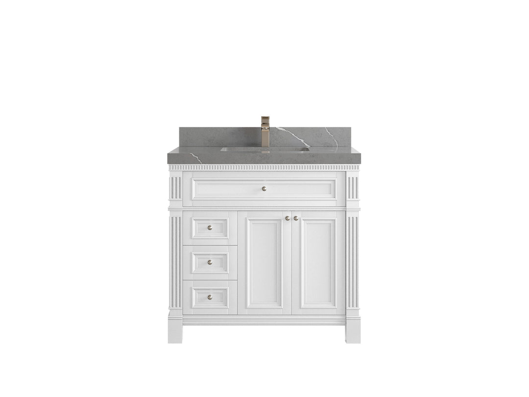 Paris 36 in. W x 22 in. D Center Sink Bathroom Vanity in White  with 2 in Piatra Gray Quartz Countertop
