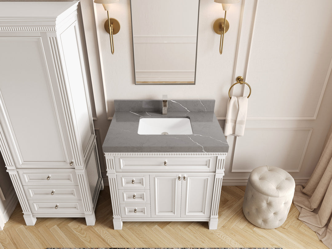 Paris 36 in. W x 22 in. D Center Sink Bathroom Vanity in White  with 2 in Piatra Gray Quartz Countertop – Top View