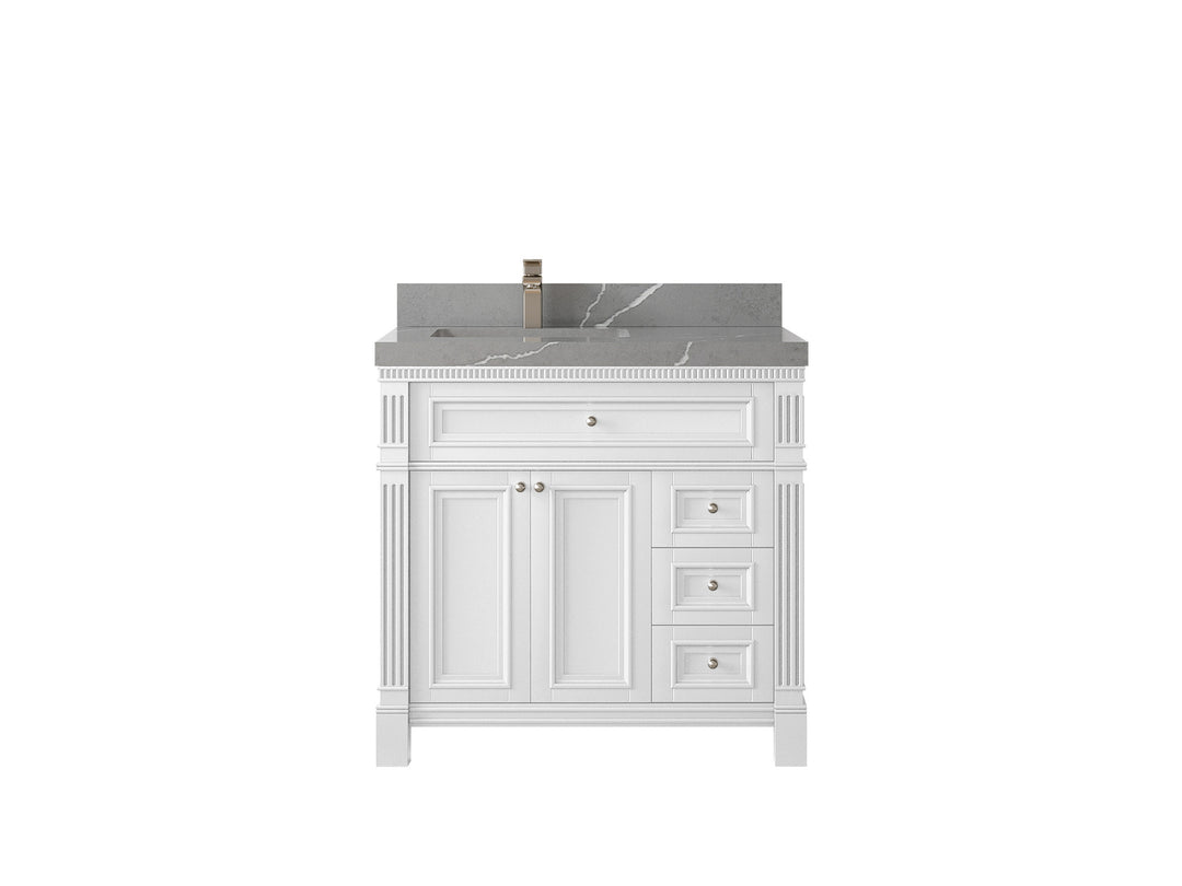 Paris 36 in. W x 22 in. D Left Offset Sink Bathroom Vanity in White with 2 in Piatra Gray Quartz Countertop