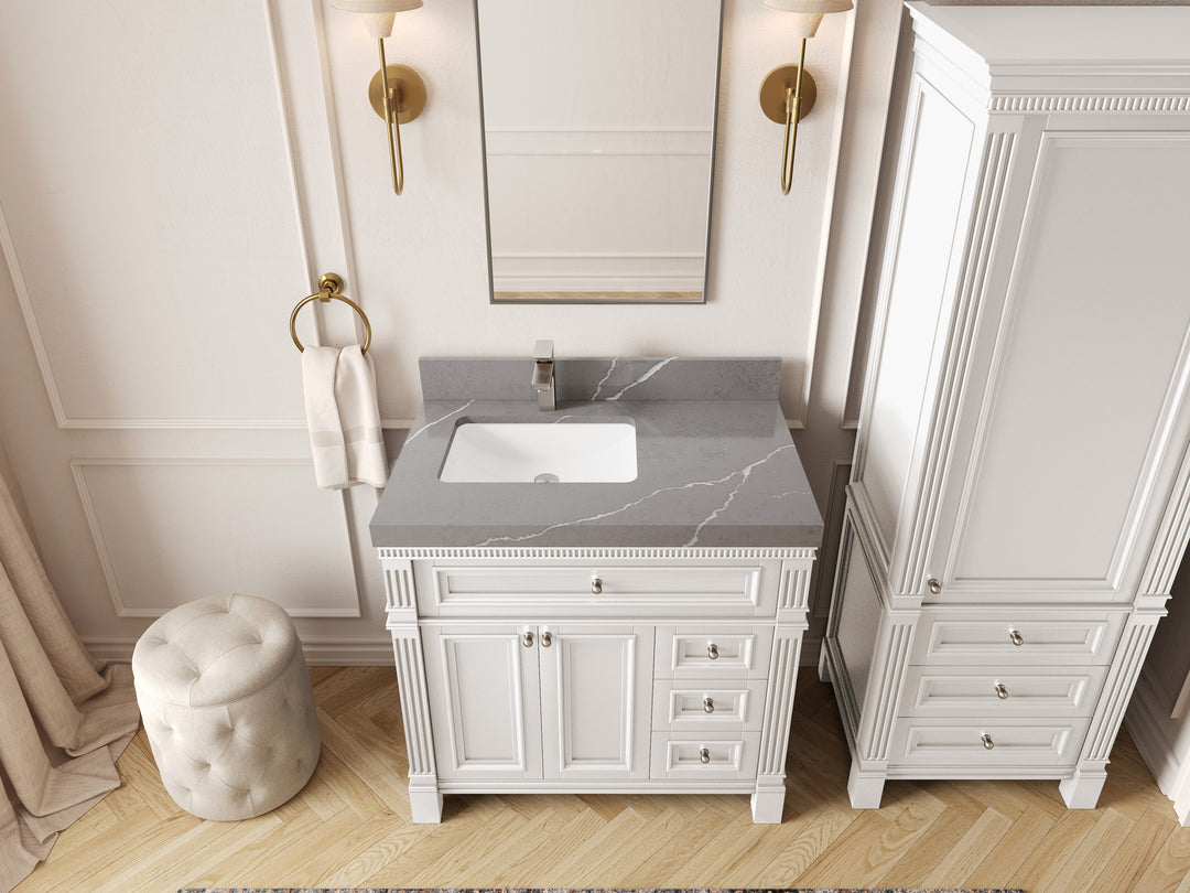 Paris 36 in. W x 22 in. D Left Offset Sink Bathroom Vanity in White with 2 in Piatra Gray Quartz Countertop – Top View