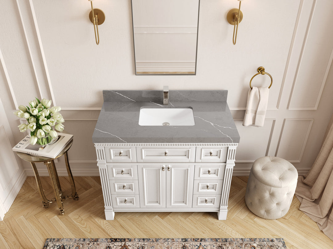 Paris 42 in. W x 22 in. D Single Sink Bathroom Vanity in White with 2 in Piatra Gray Quartz Countertop – Top View