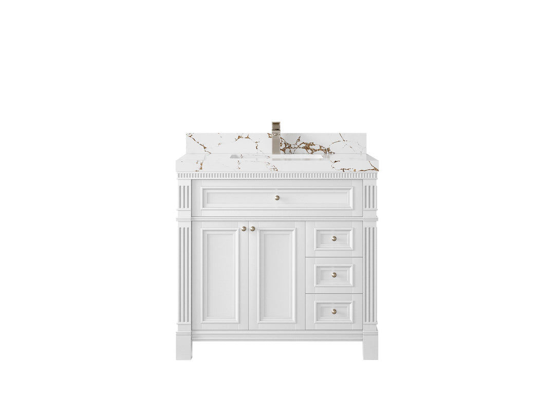 Paris 36 in. W x 22 in. D Center Sink Bathroom Vanity in White  with 2 in Viola Brown Quartz Countertop