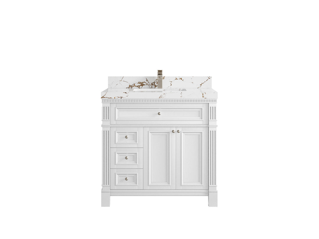 Paris 36 in. W x 22 in. D Center Sink Bathroom Vanity in White  with 2 in Viola Brown Quartz Countertop