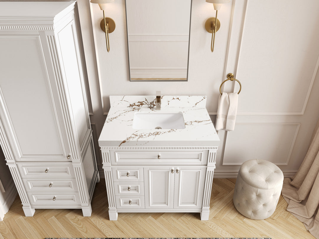 Paris 36 in. W x 22 in. D Center Sink Bathroom Vanity in White  with 2 in Viola Brown Quartz Countertop – Top View