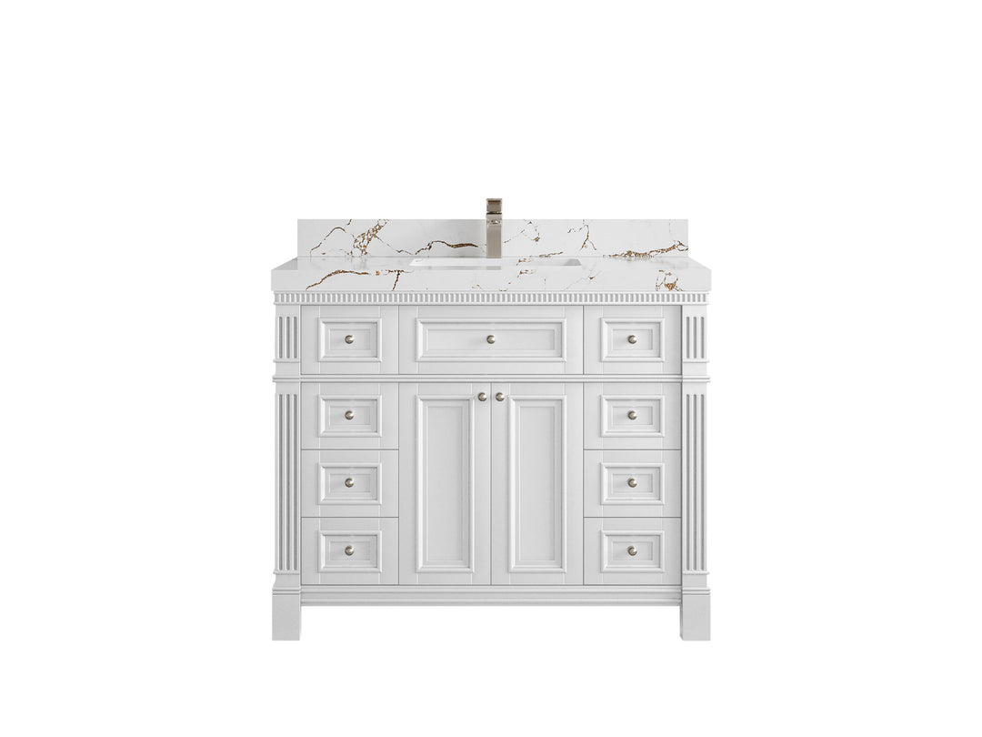 Paris 42 in. W x 22 in. D Single Sink Bathroom Vanity in White with 2 in Viola Brown Quartz Countertop