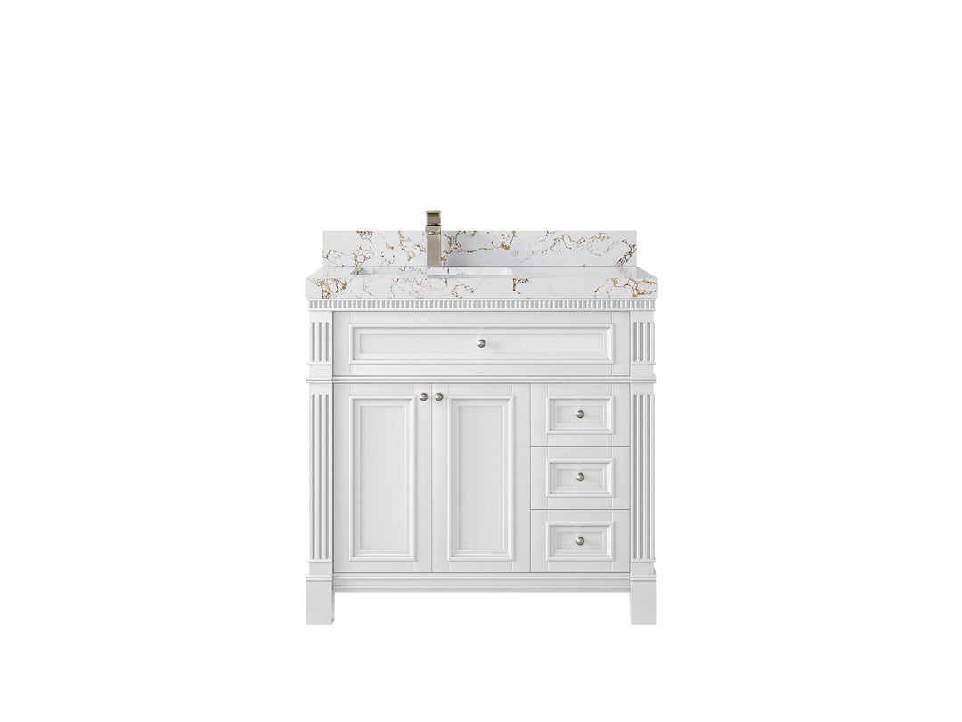 Paris 36 in. W x 22 in. D Left Offset Sink Bathroom Vanity in White with 2 in Viola Gold Quartz Countertop