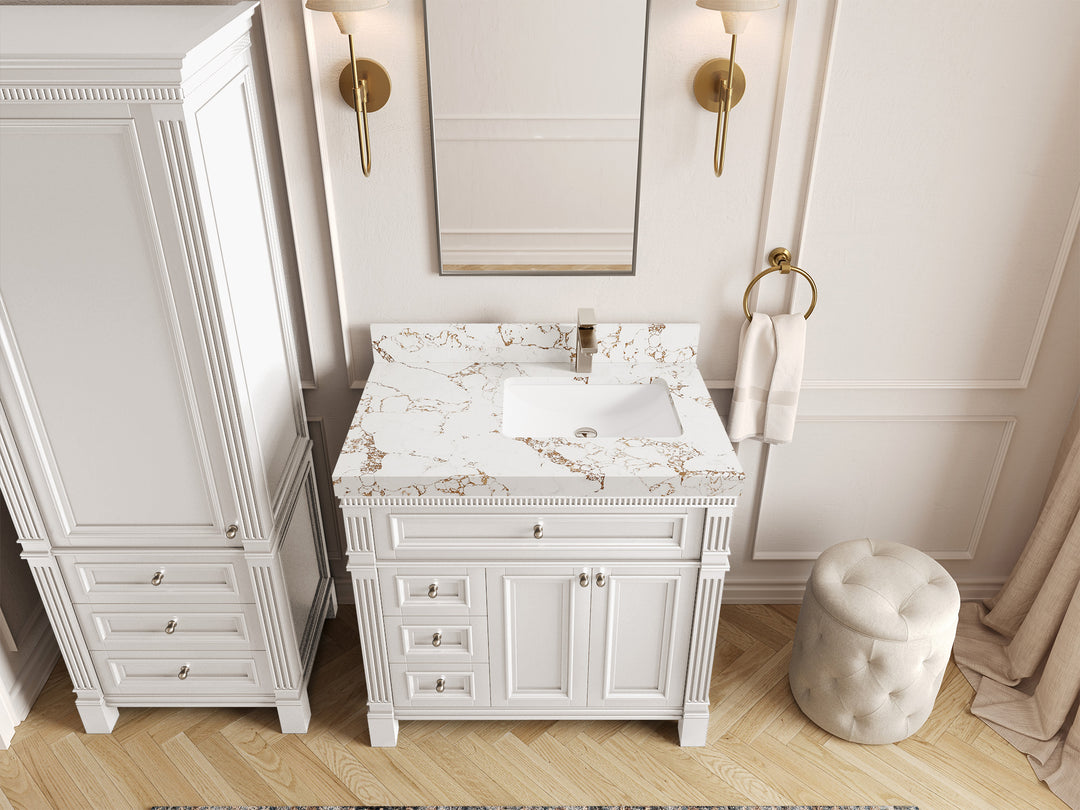 Paris 36 in. W x 22 in. D Right  Offset Sink Bathroom Vanity in White  with 2 in Viola Gold Quartz Countertop
